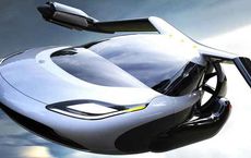 "Futuristic flying car soaring in the sky, featured on digipdemo.com under the article 'Flying Cars'."