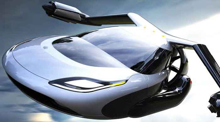 "Futuristic flying car soaring in the sky, featured on digipdemo.com under the article 'Flying Cars'."